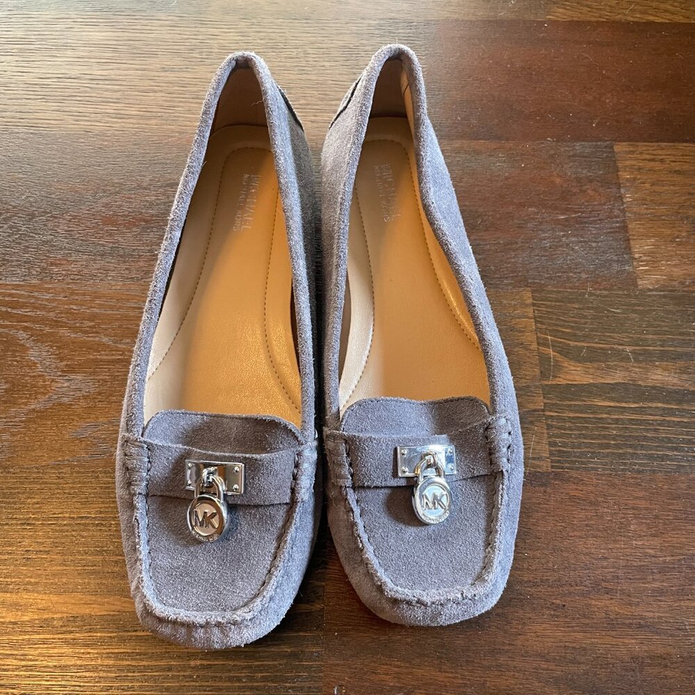 Michael Kors Moccasin Loafers Suede Size 7M Gray Square Toe Padlock Logo